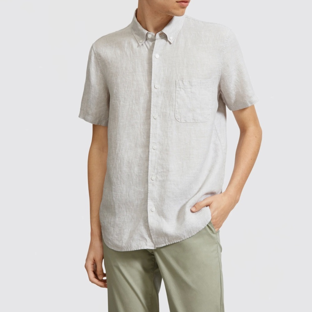 NWT Everlane The Linen Short-Sleeve Standard Fit Shirt Stone Wht Stripe S  0493